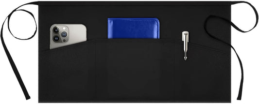 1 Pack Server Aprons with 3 Pockets, Waterdrop Resistant Waitress Waiter Waist Apron, 11.5-Inch Black