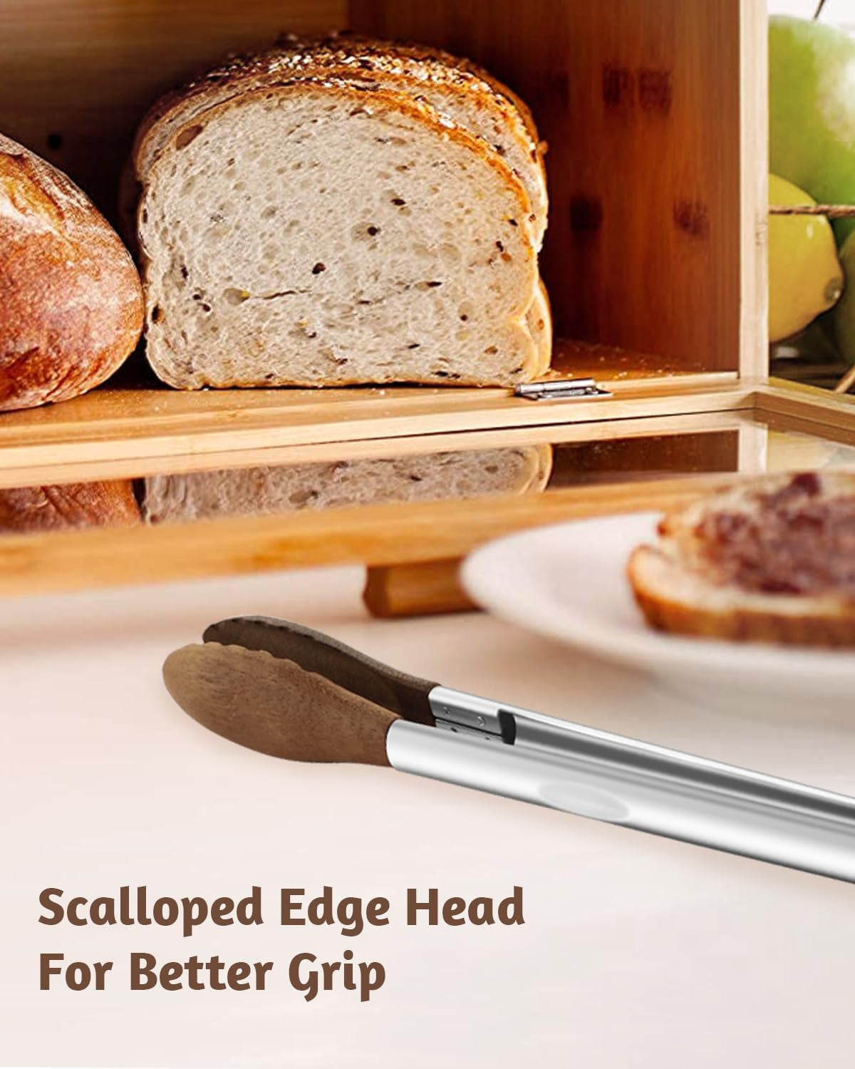 10 & 13 Inch Wooden Tongs for Cooking, Kitchen Stainless Steel Salad Tongs with Walnut Wood Tip, Serving Food Toaster Bread Non Toxic Grill Tong, Smooth Locking & Hanging Cooking Utensils Set