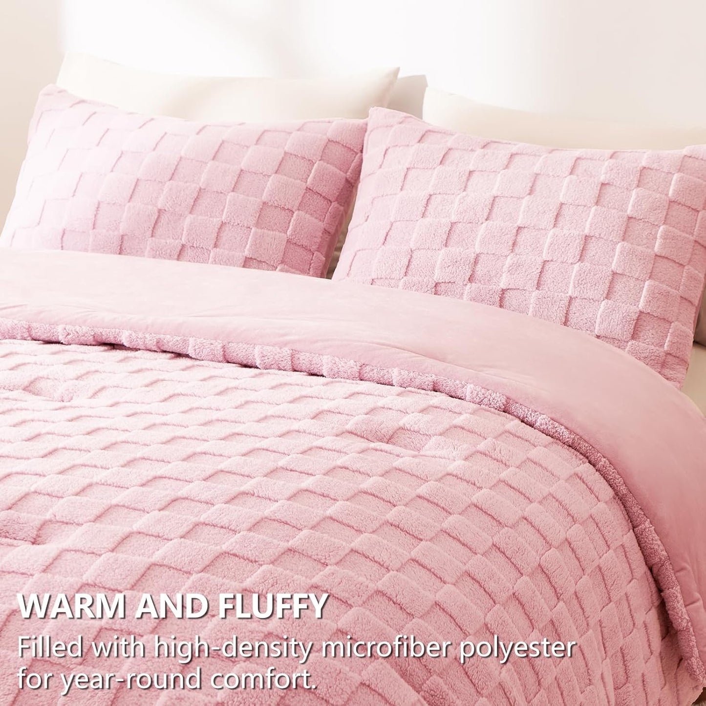 Queen Size Comforter Set Blush Pink, Fluffy Plush Fleece Comforter with Checkered Pattern, Farmhouse Boho Soft Warm Bed Set, 3 Pieces, 1 Comforter and 2 Pillowcases