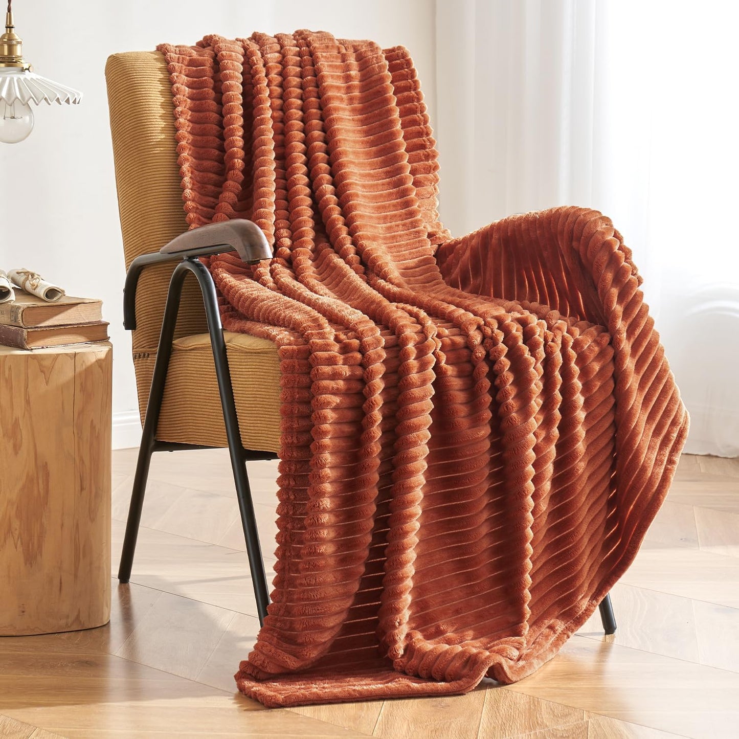 Fall Rust 3D Ribbed Jacquard Fleece Throw Blanket - Plush Velvet Decorative Bed Blanket (50" x 60") - Super Soft, Lightweight, and Cozy for Home Decor