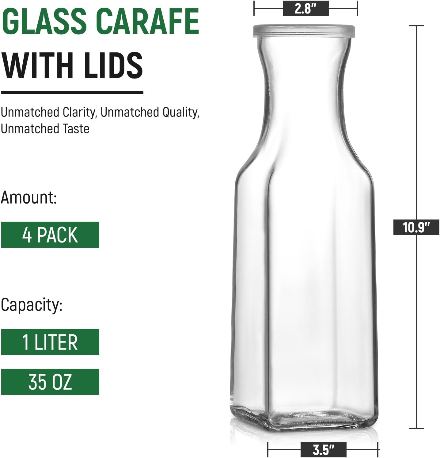Set of 4 Square Glass Carafe with Lid, 1 Liter Clear Glass Pitcher, Beverage Serveware Carafe for Mimosa Bar, Brunch, Cold Water, Juice, Milk, Iced Tea, Lemonade