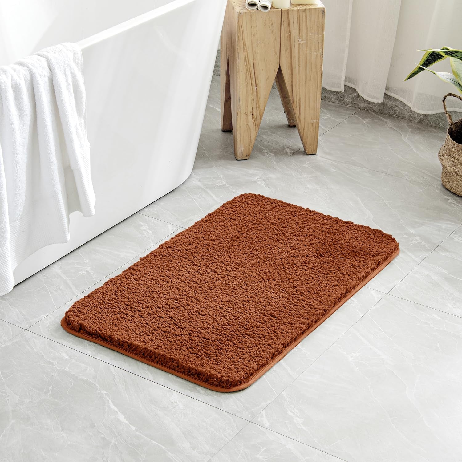 Set of 2 Non-Slip Burnt Orange Extra Thick Shaggy Bathroom Rugs - Plush Microfiber Absorbent Bath Mats for Tub and Shower, Machine Washable (16x24 Inches)