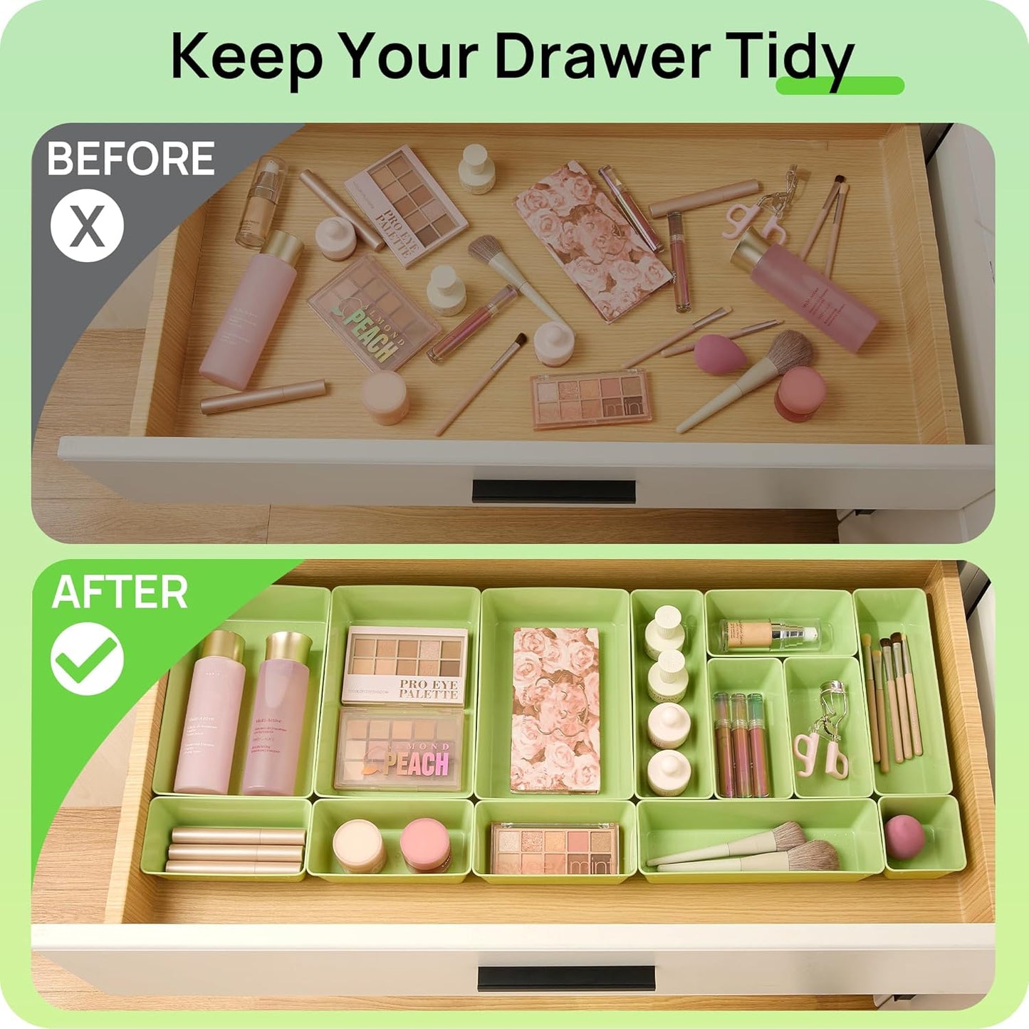 25 PCS Plastic Drawer Organizers Set, 4-Size Versatile Bathroom and Vanity Drawer Organizer Trays, Storage Bins for Makeup, Bedroom, Kitchen Gadgets Utensils and Office