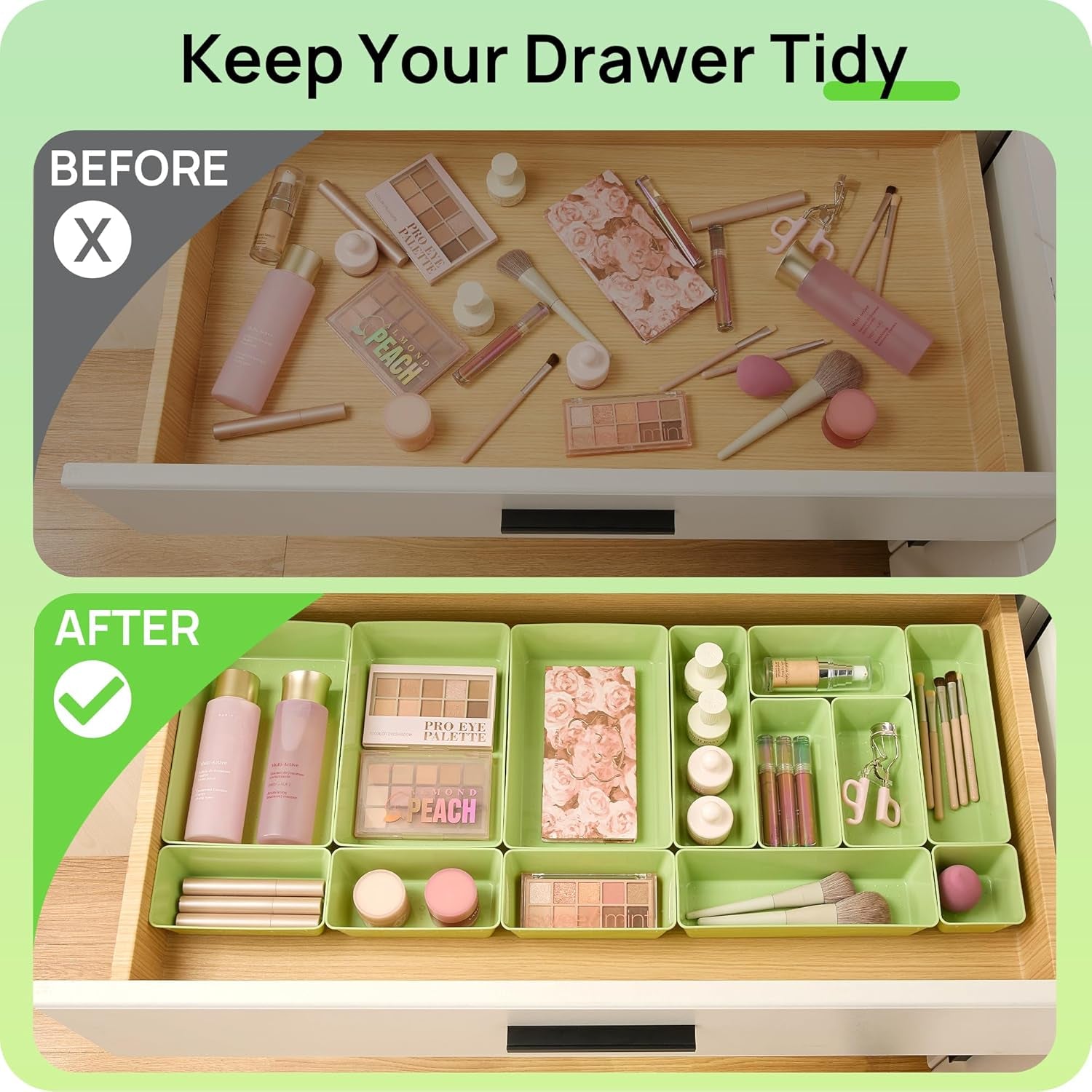 25 PCS Plastic Drawer Organizers Set, 4-Size Versatile Bathroom and Vanity Drawer Organizer Trays, Storage Bins for Makeup, Bedroom, Kitchen Gadgets Utensils and Office