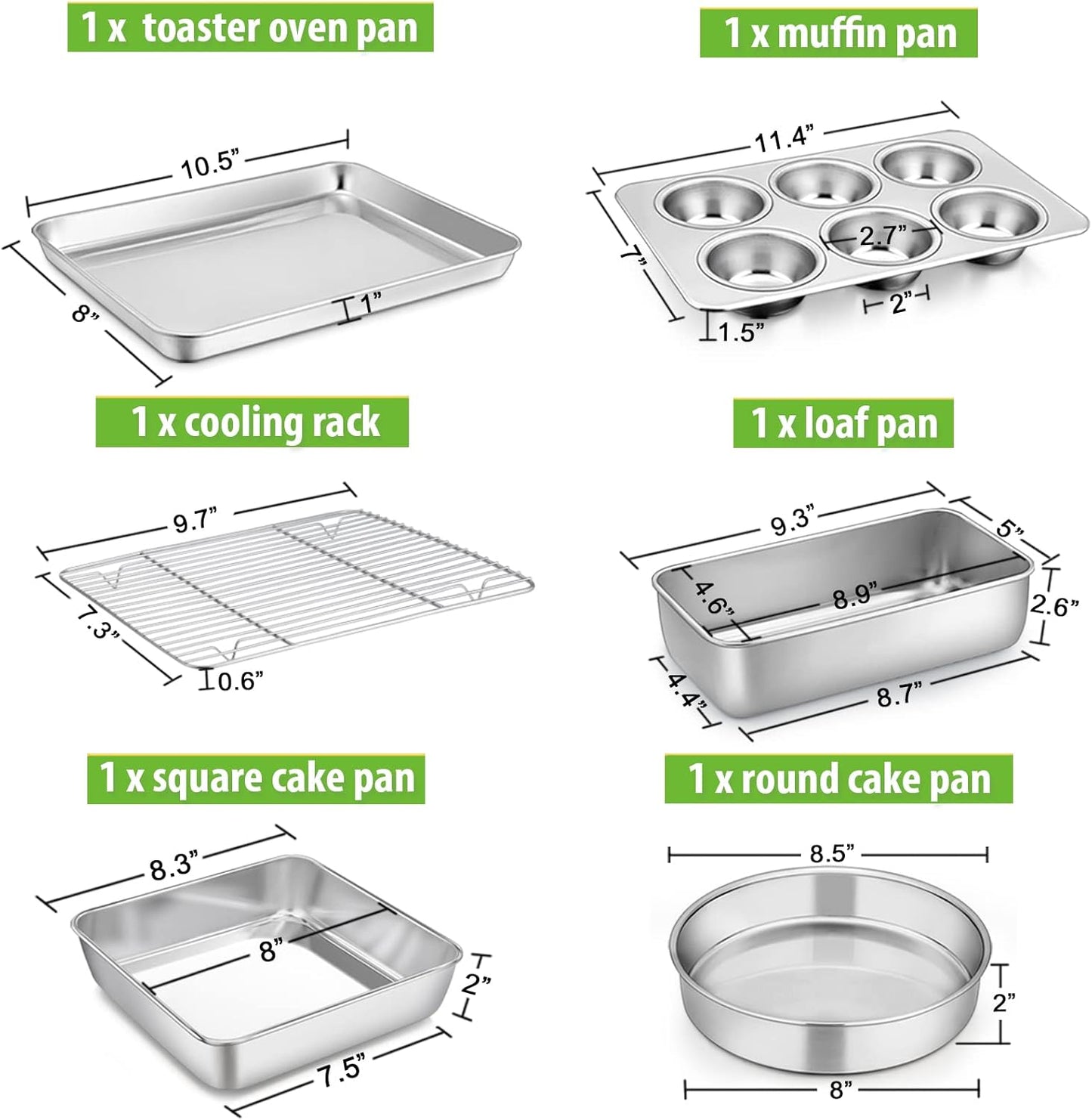 6-Piece Small Toaster Oven Pan Set, Stainless Steel Bakeware Set, Toaster Oven Tray with Rack, Square/Round Cake Pan, Loaf Pan & Muffin Pan, Non Toxic & Easy Clean