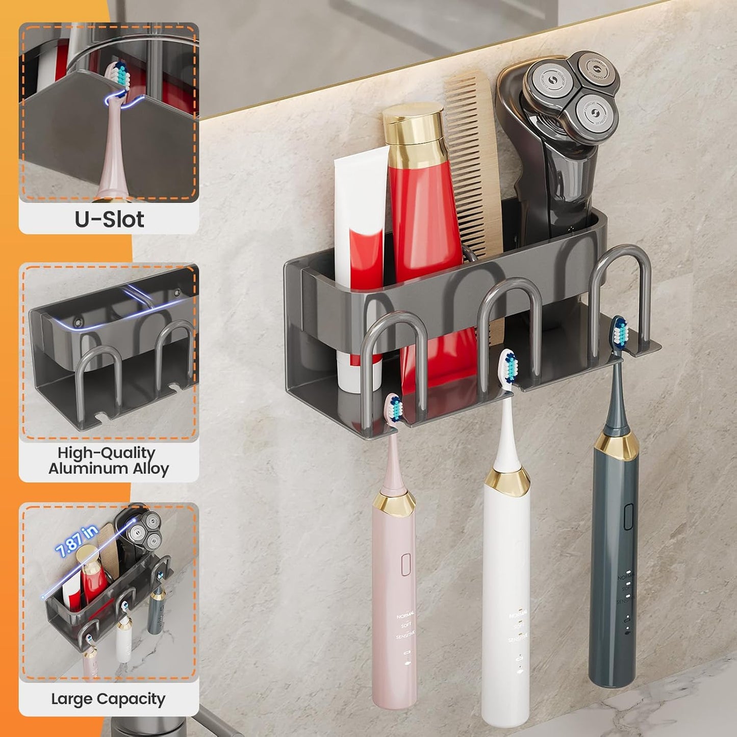 Metal Toothbrush Holders Wall Mounted - 3 Slots Electric Toothbrush and Toothpaste Holder for Bathroom, Bathroom Accessories, Adhesive Toothbrush Holder, Convenient, Sturdy, Space-Saving