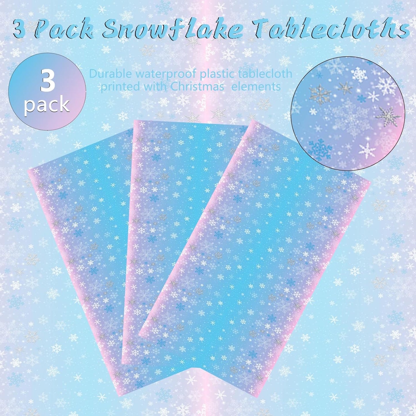 3 Packs Christmas Snowflake Tablecloth 51 X 87 Inch Winter Frozen Wonderland Table Cover Disposable White Snowflake Plastic Table Cloth Blue and Pink Snowflake Tablecloths for Christmas Party