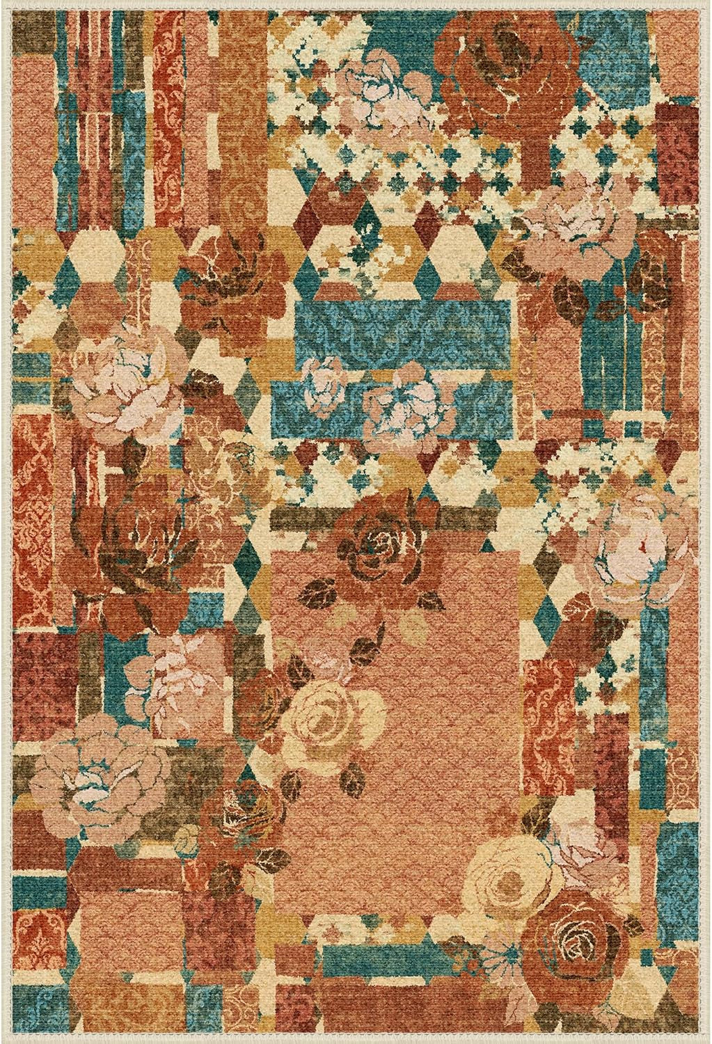 Area Rug 2X3 Doormat, Machine Washable Low Pile Rugs, Small Floral Patchwork Retro Chenille Entryway Mat for Entrance, Hallway, Kitchen and Corridor, Rose Red