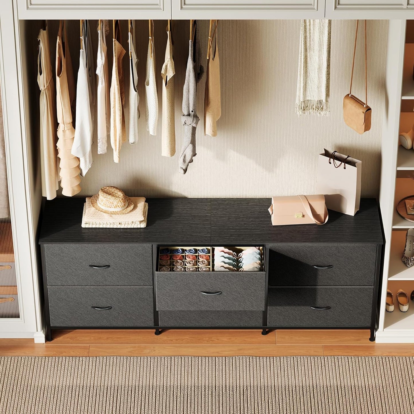 63-Inch Modern Dresser and TV Stand Combo, Suitable for 55 to 70 Inch TVs, 6-Drawer Storage Organizer with Fabric Drawers for Bedroom and Entryway, Black Finish