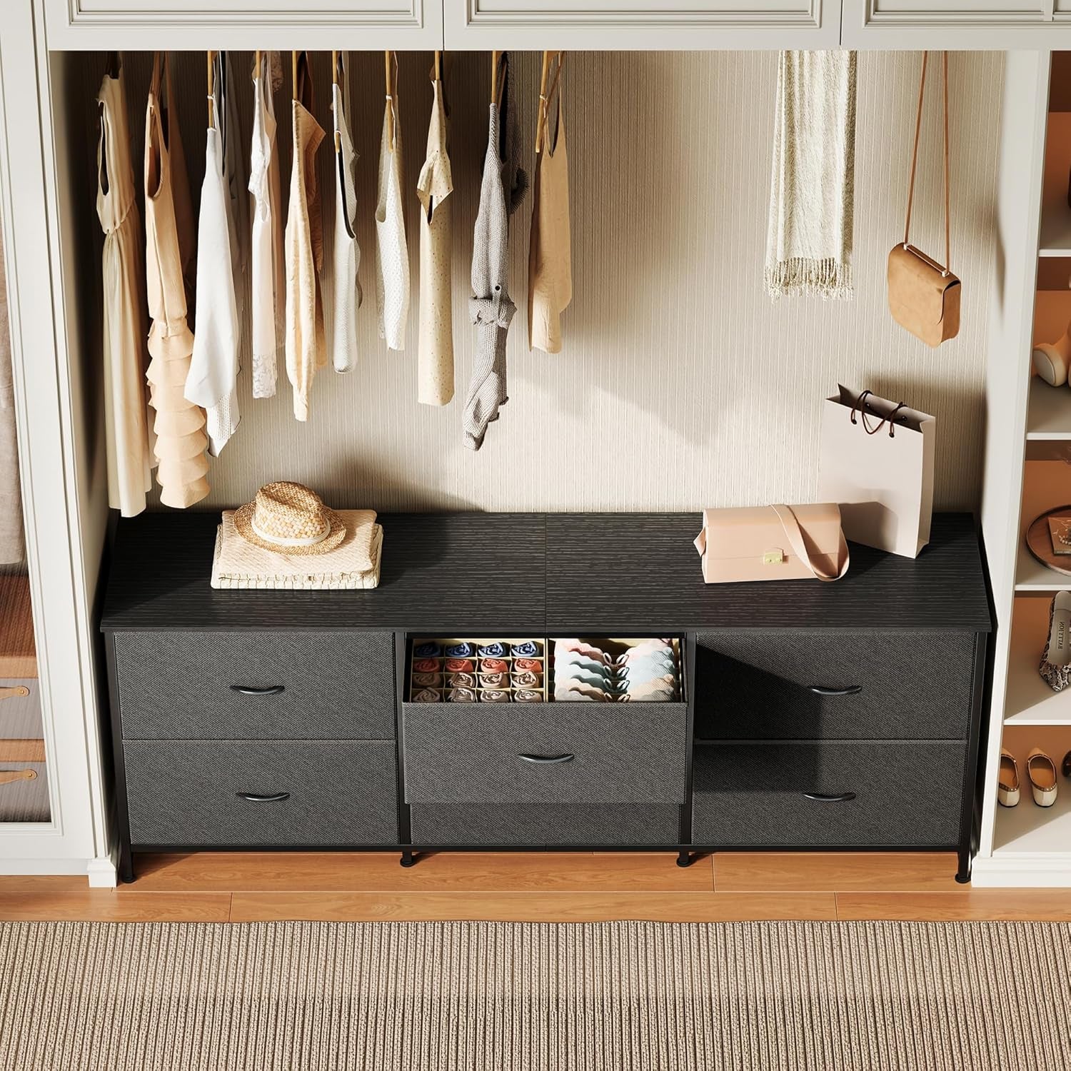 63-Inch Modern Dresser and TV Stand Combo, Suitable for 55 to 70 Inch TVs, 6-Drawer Storage Organizer with Fabric Drawers for Bedroom and Entryway, Black Finish