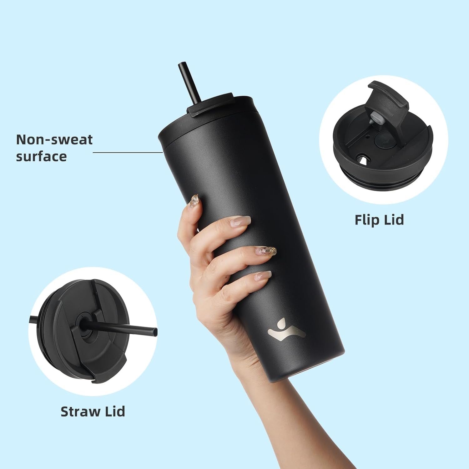 18 OZ Insulated Tumbler with Lid and 2 Straws Stainless Steel Water Bottle Vacuum Travel Mug Coffee Cup,Black