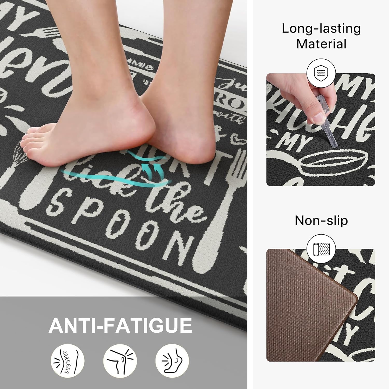 anti Fatigue Kitchen Mats for Floor, Non Slip Washable Kitchen Rules Theme Rugs Sets of 2, Farmhouse Cushioned Waterproof Comfort Runner Rug for Kitchen, Sink, Laundry, 17"X 47"+17"X 30", Black