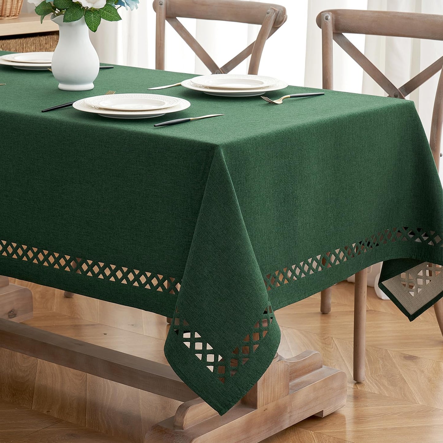 Hunter Green Thick Polyester Linen Rectangle Tablecloth with Decorative Cutouts, Waterproof, Stain and Wrinkle Resistant, Ideal for Christmas and Holiday Dining, 52 x 70 Inches