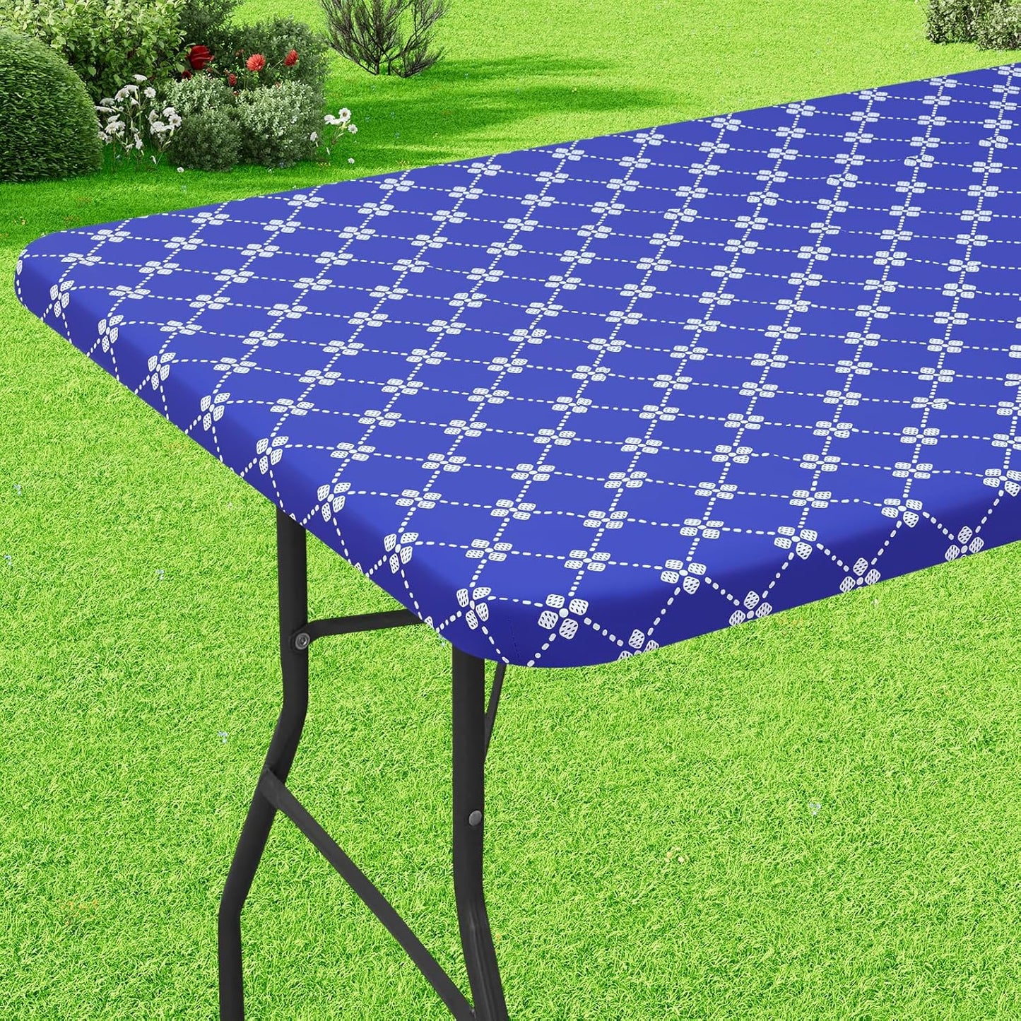 Rectangle Vinyl Table Cloth, Elastic Fitted Tablecloth with Flannel Backing, Waterproof Plastic Table Cover Fits 6 Foot Folding Tables for Camping, Indoor and Outdoor (Blue, 30" X 72")