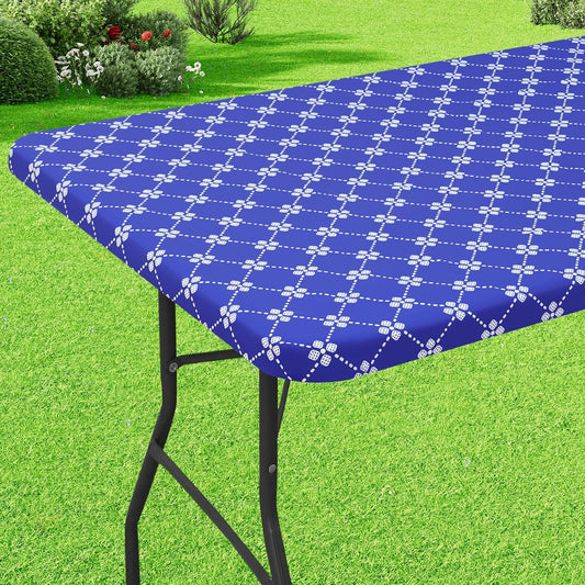 Rectangle Vinyl Table Cloth, Elastic Fitted Tablecloth with Flannel Backing, Waterproof Plastic Table Cover Fits 6 Foot Folding Tables for Camping, Indoor and Outdoor (Blue, 30" X 72")
