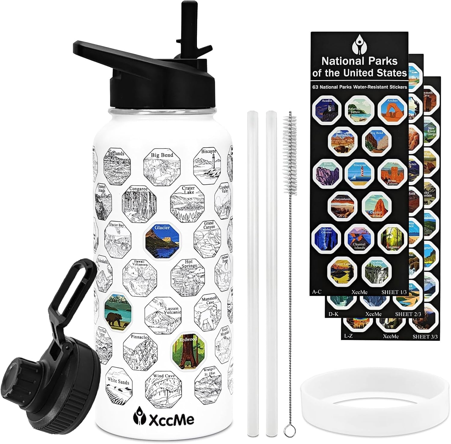 63 National Parks Water Bottle with Stickers,32 Oz Stainless Steel Insulated Water Bottle with Straws,2 Lids,Leak Proof Metal Water Cup for Hiking,Travel,Sports,Camping,Wide Mouth Bottle