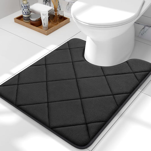 Memory Foam Toilet Rugs U-Shaped 24X20, Ultra Soft and Absorbent Bathroom Rugs, Machine Washable Quick Dry, Comfortable Bathroom Contour Bath Mats for Toilet Base, Black