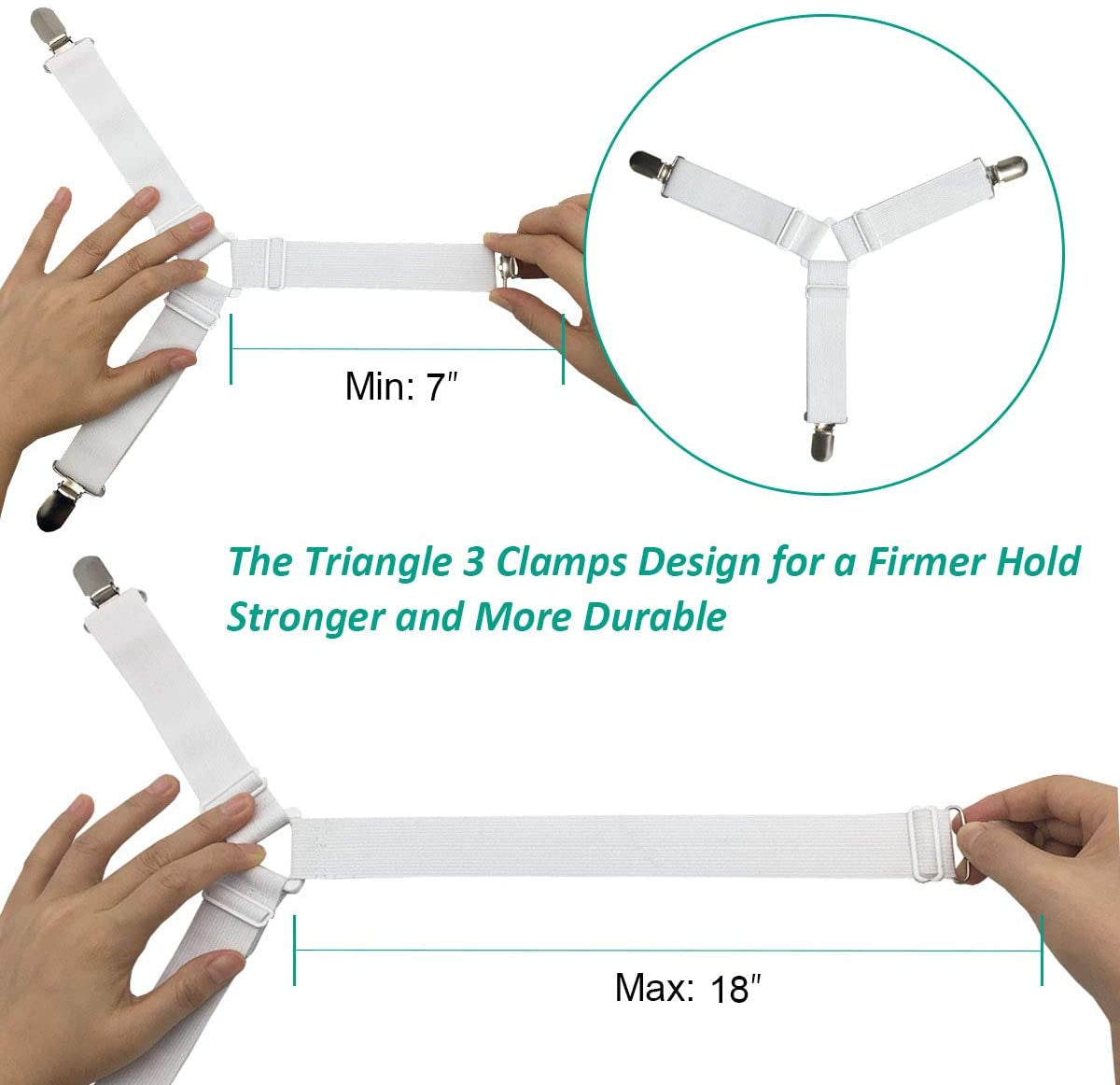 Bed Sheet Fasteners, Adjustable Mattress Suspenders, Mattress Cover Straps, Bed Corner Holder and Keepers and the Bed Sheet Grippers Clips (Triangle White Set of 4)