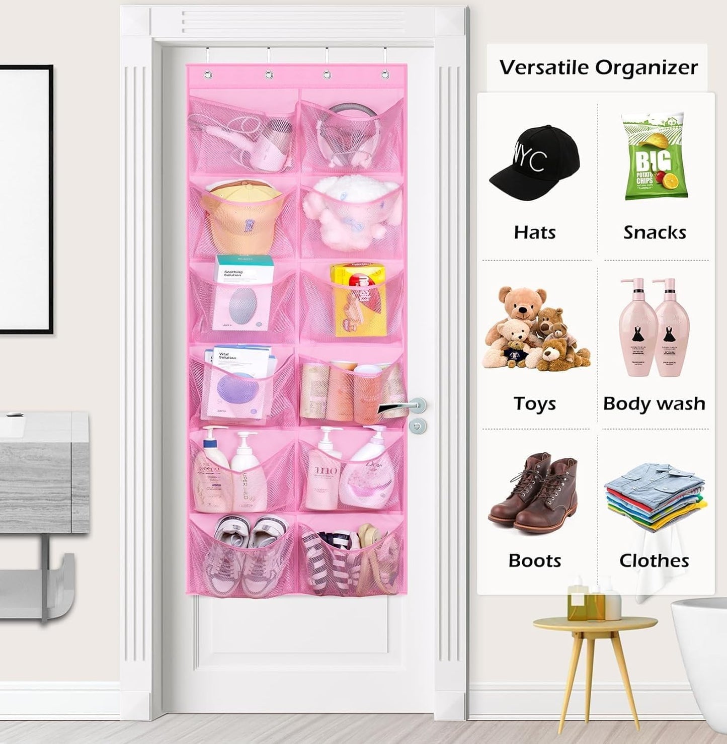 12 Large Mesh Pockets over the Door Shoe Organizer for Closet Hanging Shoe Rack for Door Sneaker Hanger Boot Storage for Kids, Baby, Toddler, Girl, Pink