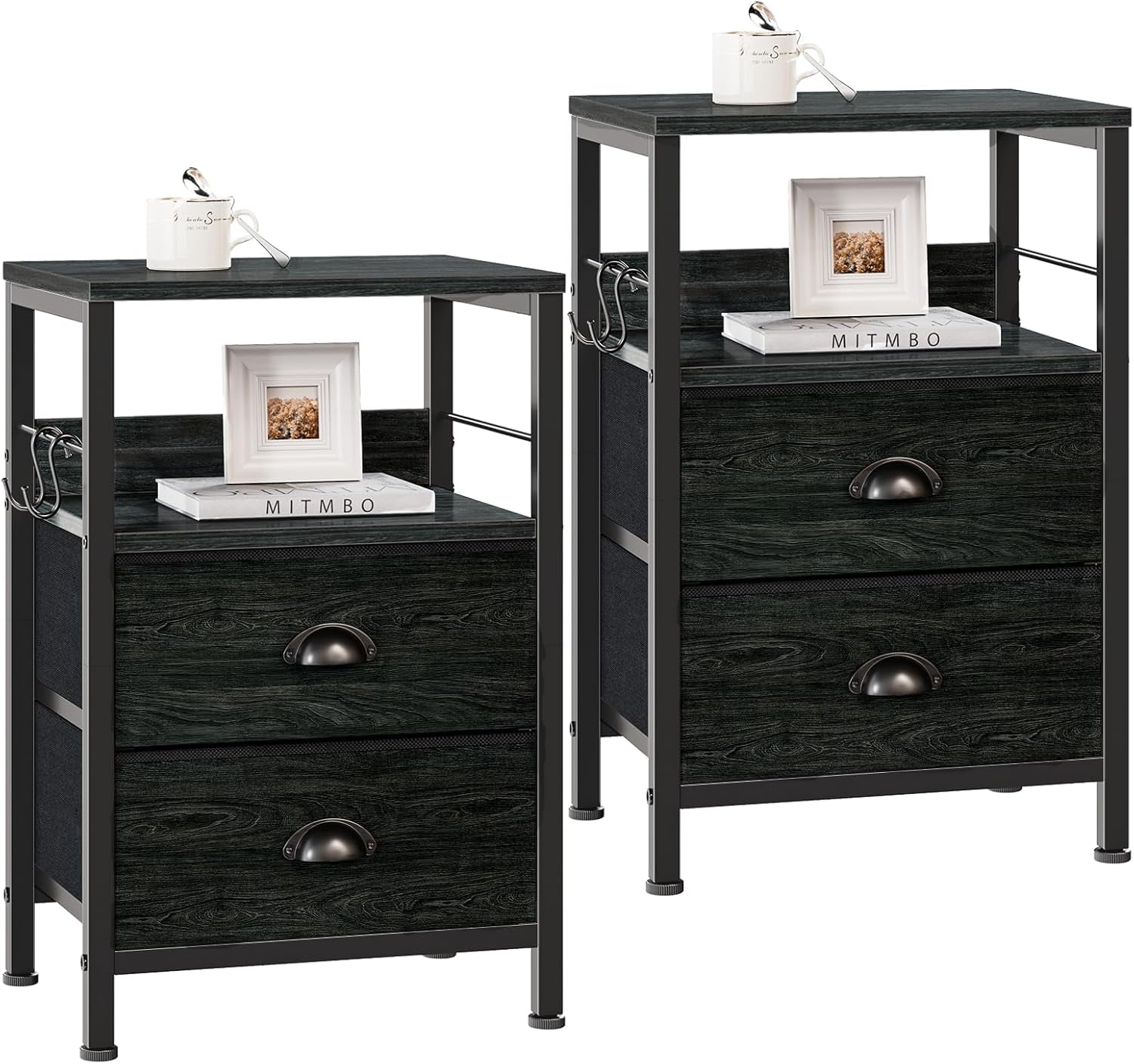 Nightstands Set 2, End Tables with 2 Fabric Drawers, Bedside Tables with Hooks and Shelf, Side Tables for Bedroom/Living Room/Study/Black Oak