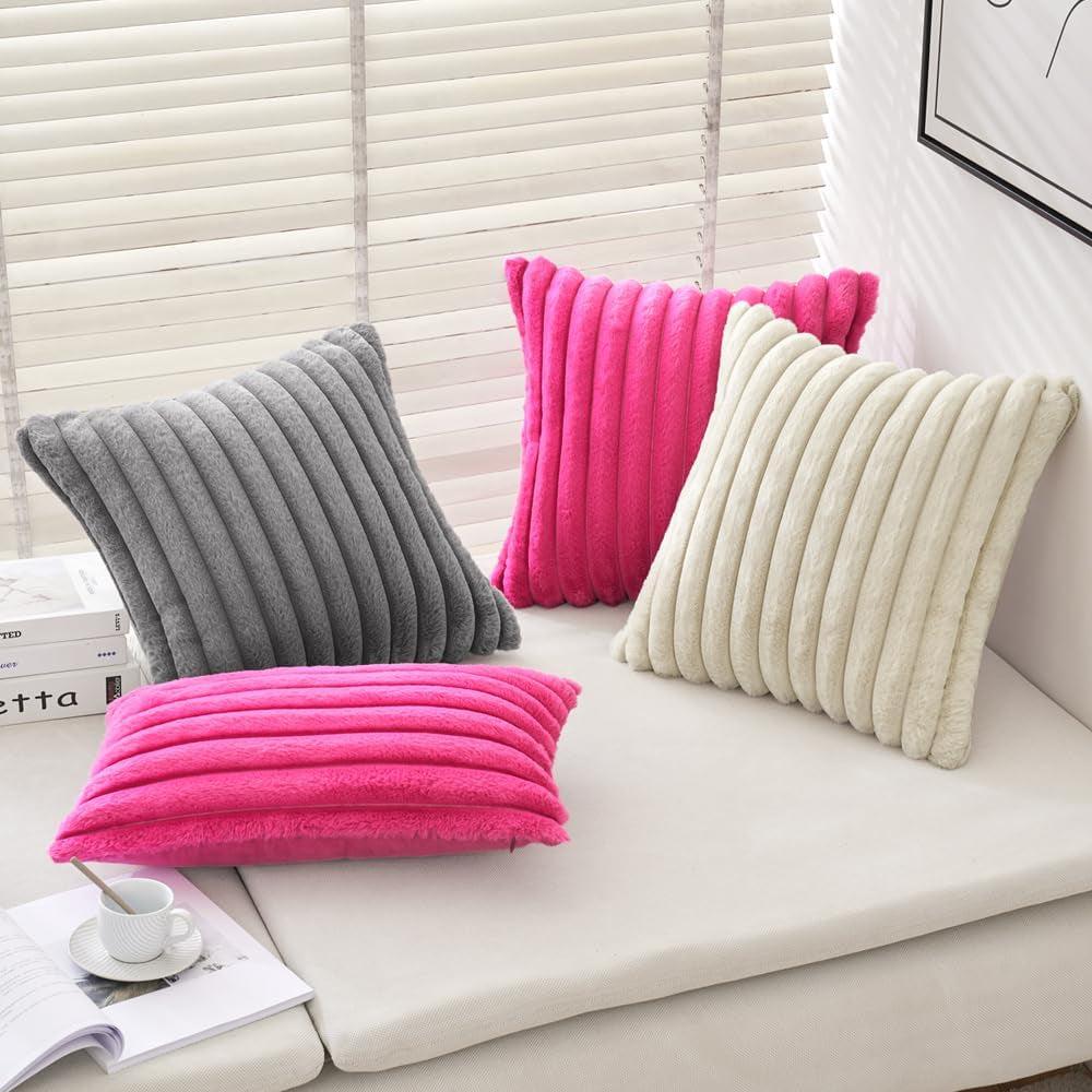 Faux Fur Plush Decorative Throw Pillow Covers Set of 2 Luxury Soft Fluffy Striped Pillowcases Cushion for Spring Sofa Couch Bed Living Room Hot Pink 18X18 Inch