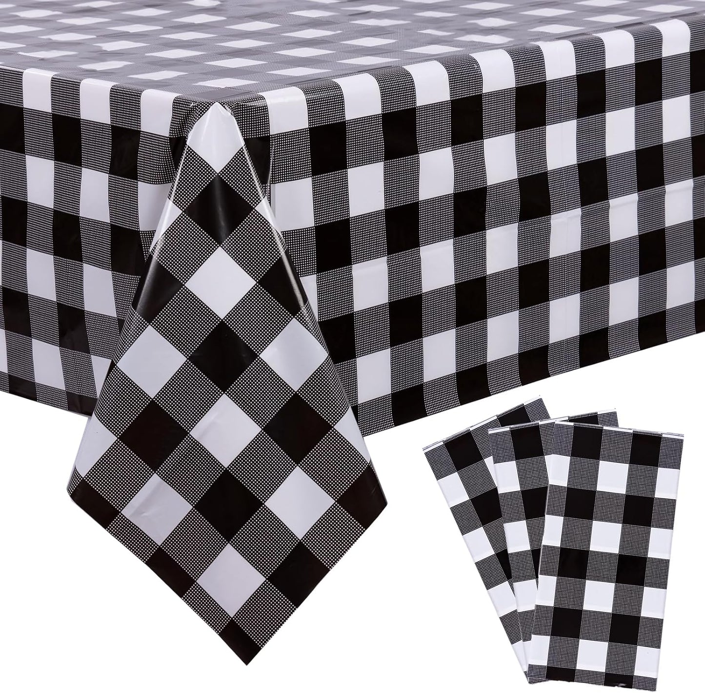 3 Packs Black Gingham Tablecloths 54 X 108 Inch Black and White Checkered Tablecloth Disposable Plastic Plaid Picnic Tablecover Waterproof Fall Checkered Table Cloth for Camping Halloween Party