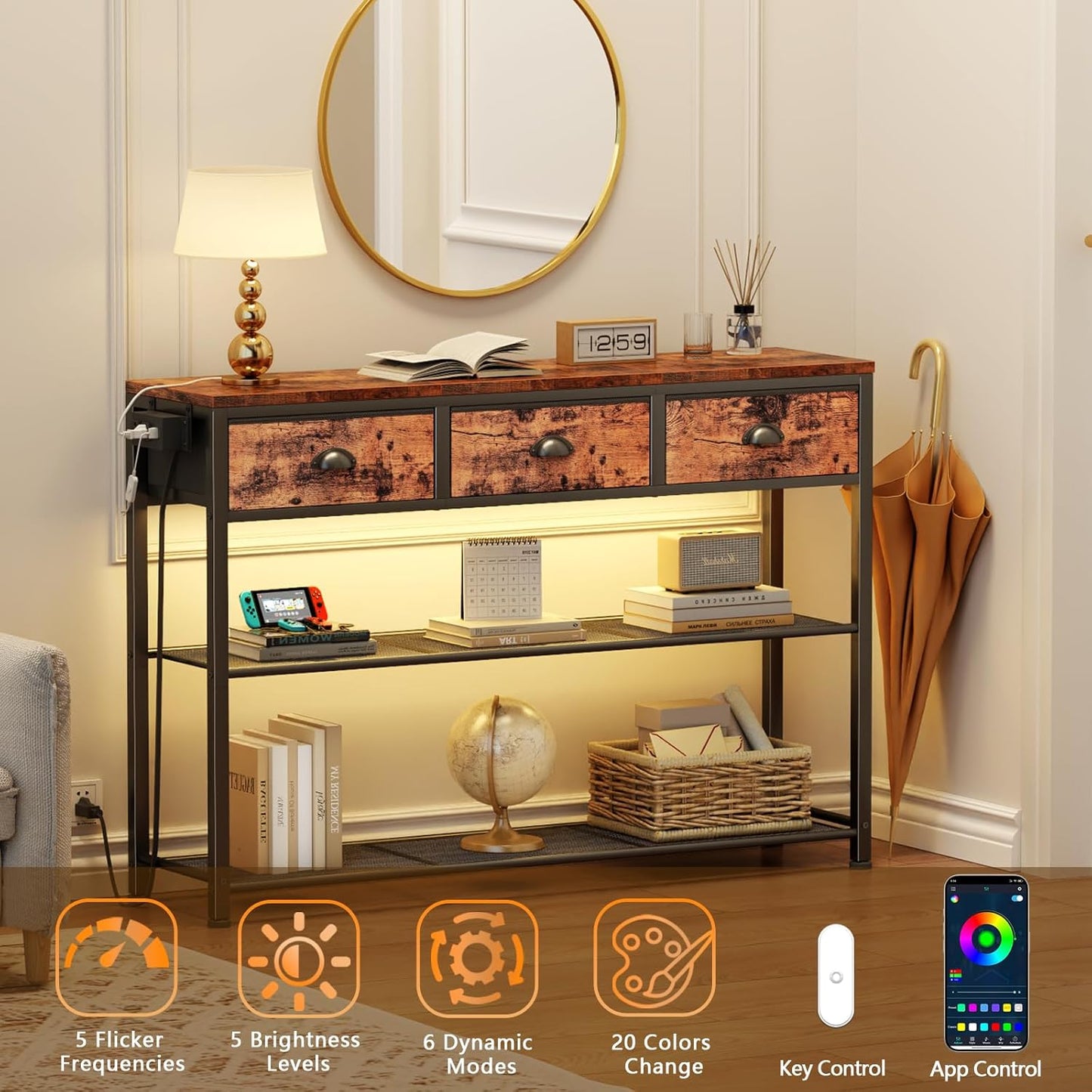 5 Tier Bookshelf with Drawer & Console Table with Charging Station, 3 Drawers and LED Light