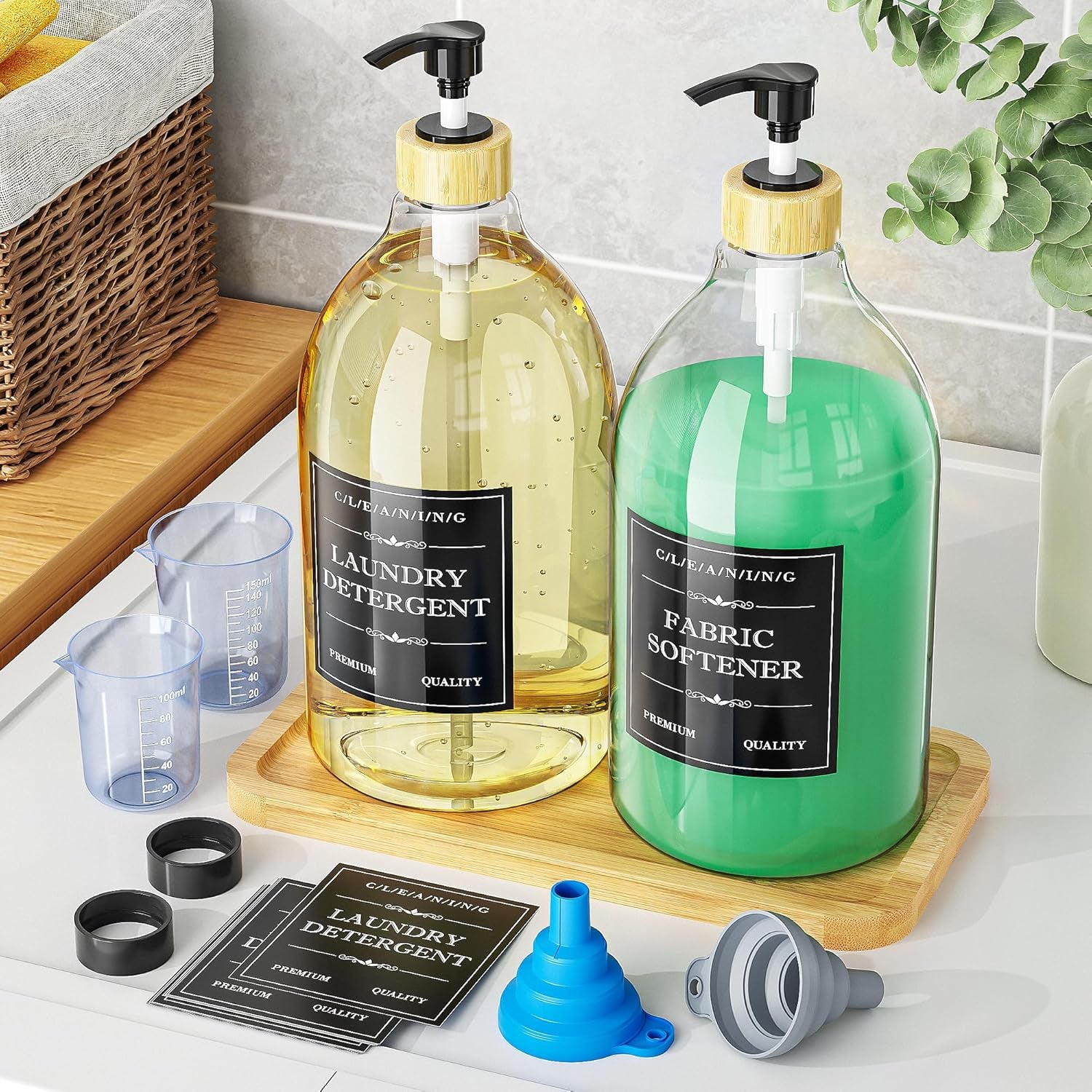 Liquid Laundry Detergent Dispenser with Bamboo Tray, 2 Pack 64 Oz Plastic Laundry Soap Dispenser, Fabric Softener Dispenser with Pump and Labels for Laundry Room Decor and Organization