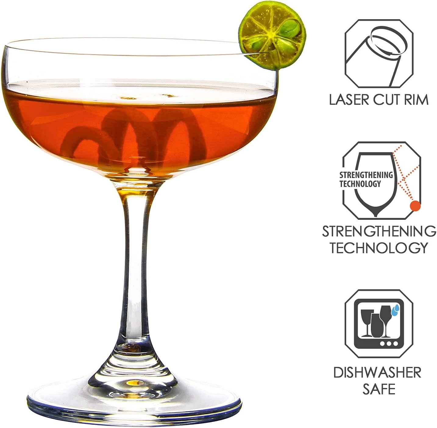 Set of 6 Elegant Crystal Coupe Glasses, 7 Ounce (220ml) - Short Stem Design for Champagne and Sweet Wine