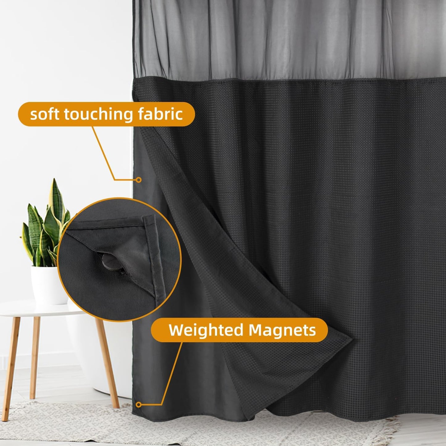 1 Pack Fabric Snap-In Shower Curtain Liner Replacement,Compatible with No Hook Shower Curtain with Snap in Liner, Removable & Water-Repellent,Machine Washable,70X54,Black