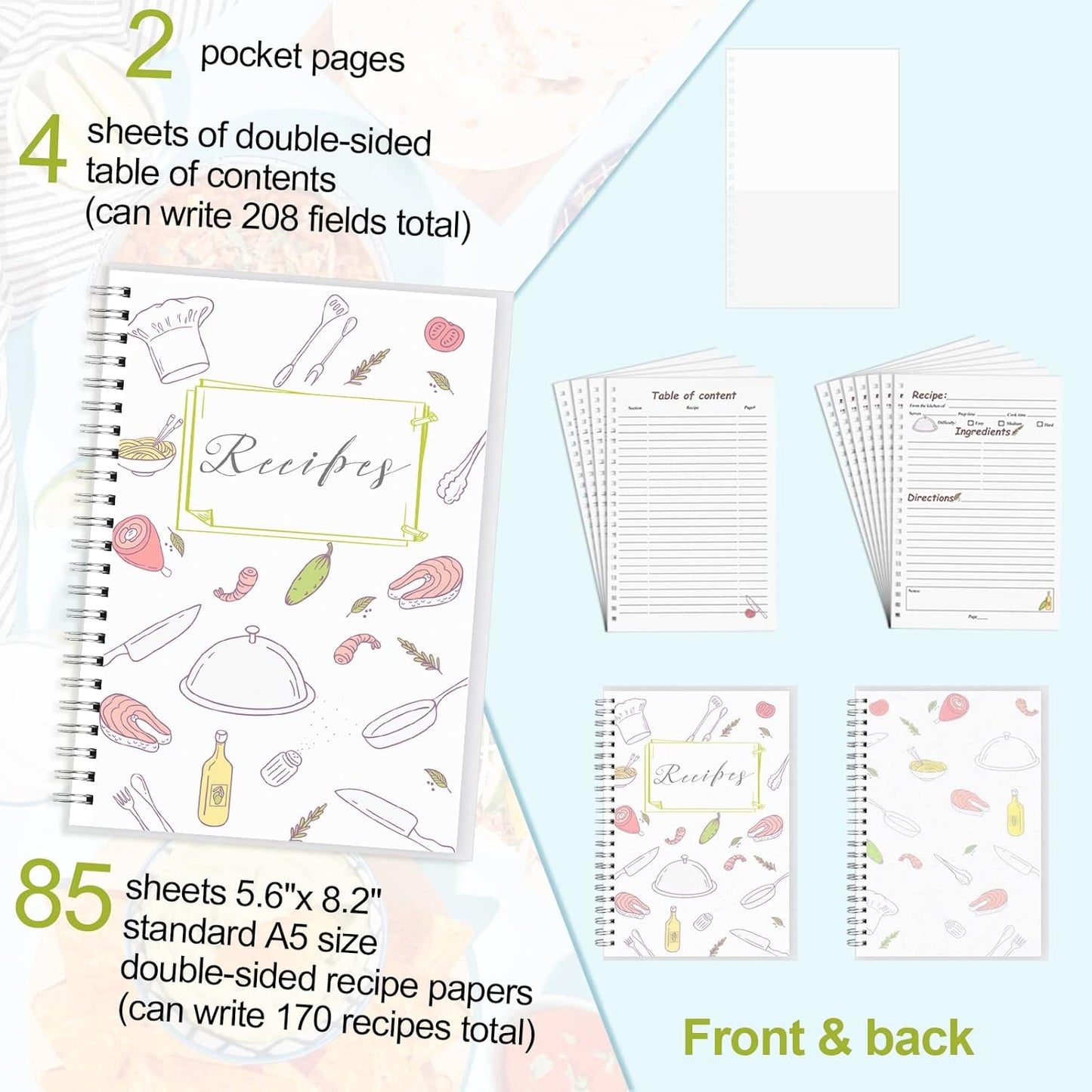 Recipe Book, 5.6"X 8.2" Recipe Book to Write in Your Own Recipes, Blank Recipe Book, Recipe Notebook, Recipe Journal Hold 170 Recipes