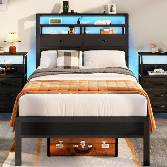 Twin Bed Frame with Integrated Charging Station and LED Lighting, Wooden Headboard Featuring Two Fabric Drawers and Storage Shelves, Twin Size Platform Design with Metal Slats, Box Spring Not Required, Black Oak Finish