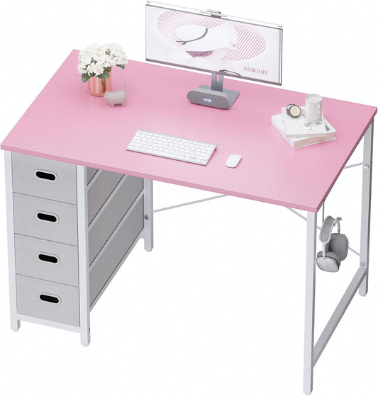40 Inch Computer Desk with 4 Drawers Small Office Desk for Home Bedroom Study Writing Simple Modern Computer Table Pink