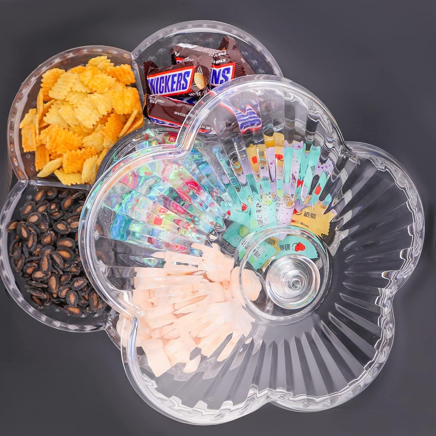 Creative Acrylic Multifunctional Party Snack Tray with Lid,Serving Dishes for Dried Fruits Nuts Candies Fruits,6-Compartment (Clear Flower)