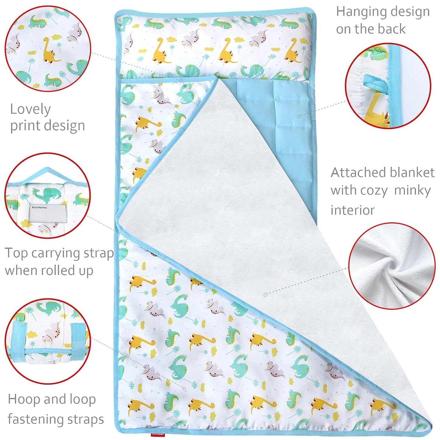 Nap Mat for Toddlers Dinosaur and Fleece Minky Blanket, Lightweight Perfect for Kids Preschool, Daycare, Travel Sleeping Bag Boys Girls, 21" X 50" Fit on a Standard Cot