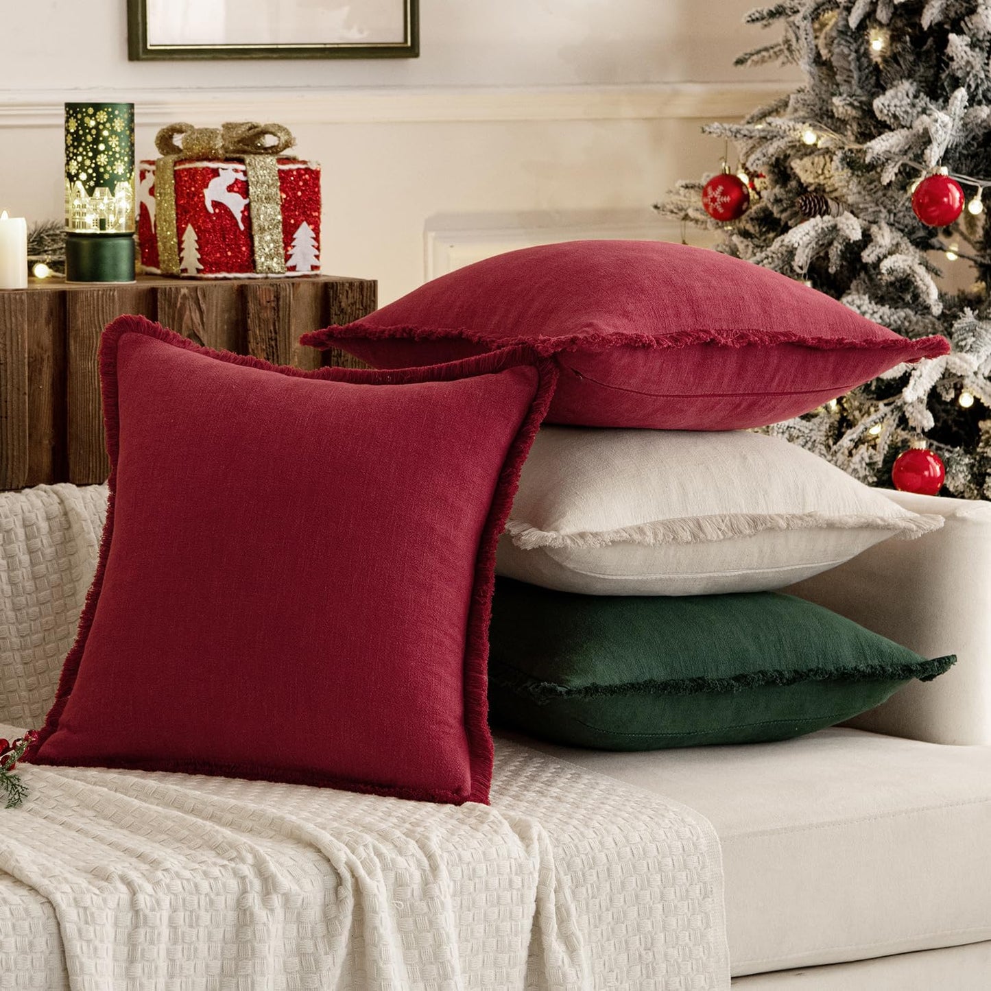 Linen Pillow Covers 18X18 Inch Decorative Throw Pillows with Fringe Pack of 4 Soft Farmhouse Boho Couch Pillows Home Decors for Sofa Cushion Living Room Bed Dark Green and Burgundy