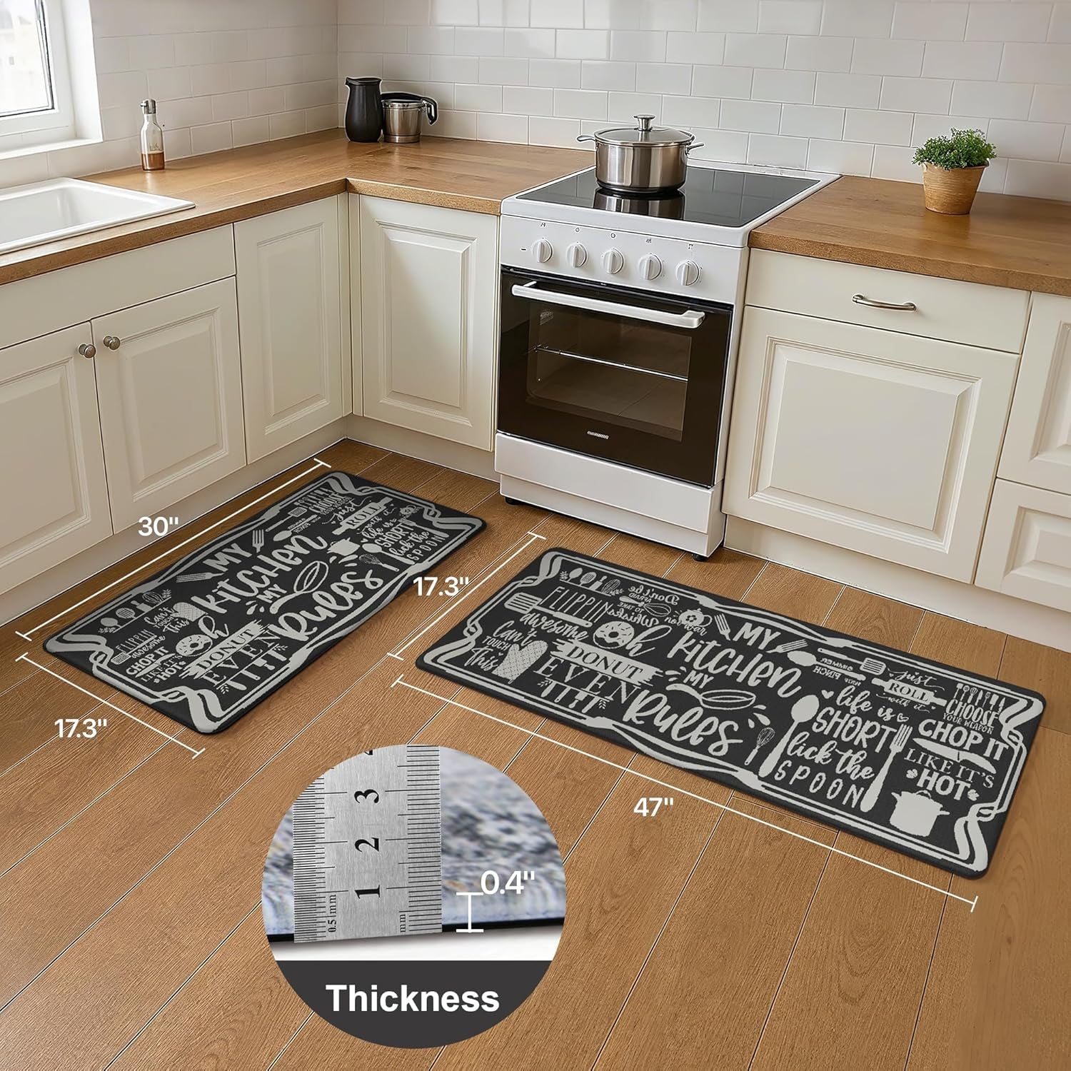 anti Fatigue Kitchen Mats for Floor, Non Slip Washable Kitchen Rules Theme Rugs Sets of 2, Farmhouse Cushioned Waterproof Comfort Runner Rug for Kitchen, Sink, Laundry, 17"X 47"+17"X 30", Black