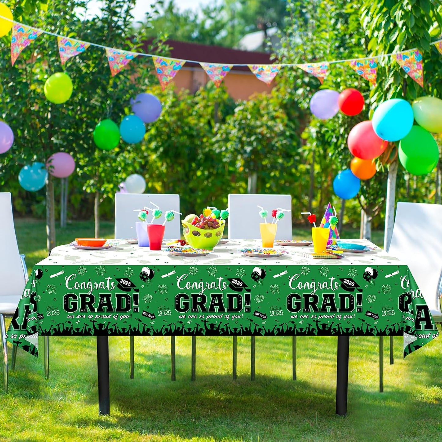 3 Pack Graduation Tablecloth Party Decorations, Class of 2025 Congrats Grad Plastic Tablecover Party Supplies, Green Rectangle Graduation Table Decorations for College High School Party, 54 X 108 Inch