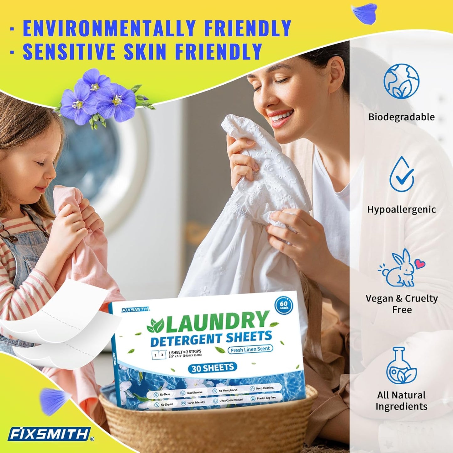 Laundry Detergent Sheets - 60 Loads (30 Sheets) Fresh Linen Scent - Hypoallergenic,Eco Friendly Laundry Soap Sheets Ultra-Concentrated Travel Detergent Sheets.Plastic-Free,Liquidless.