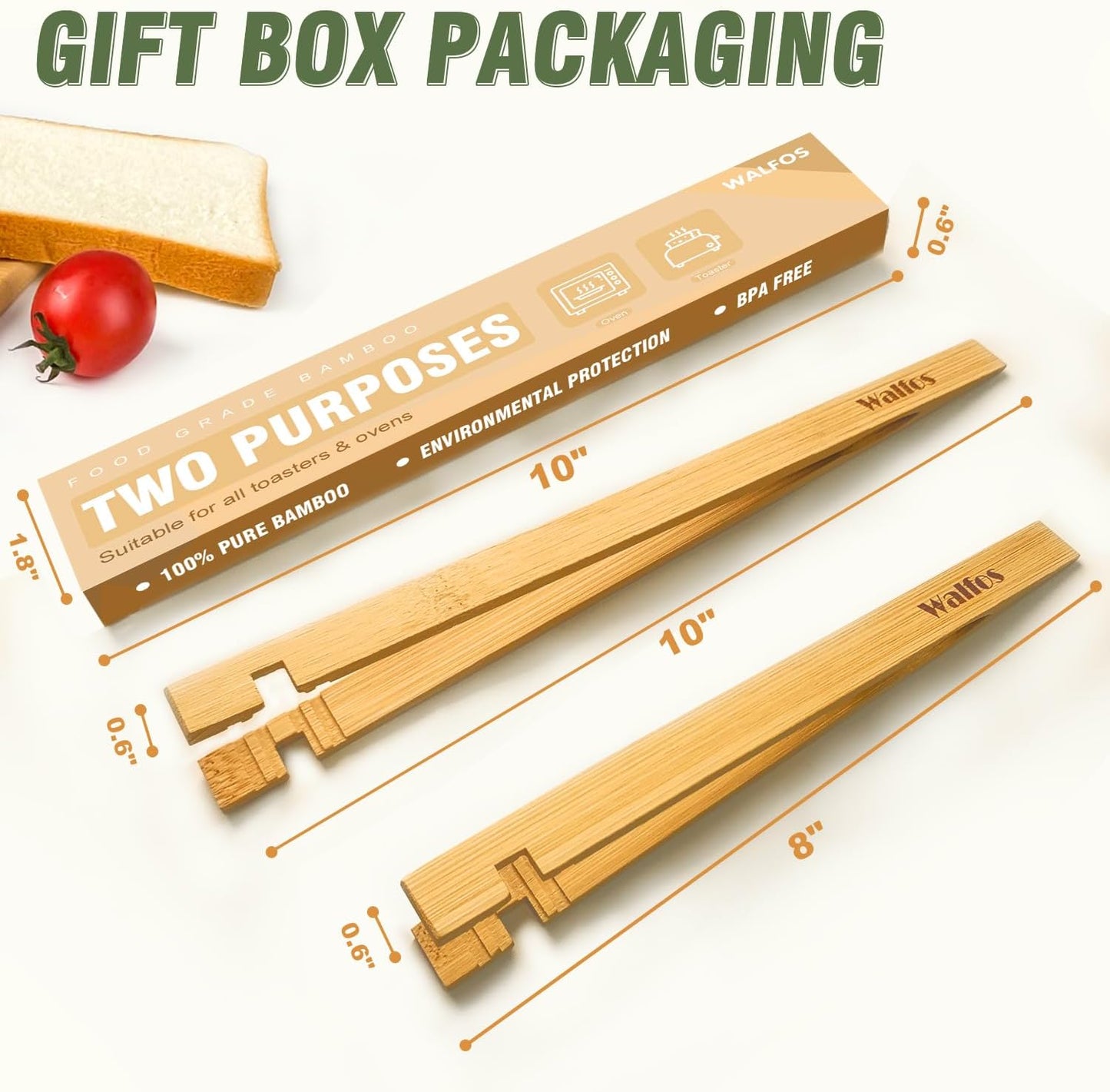 Wooden Tongs - Bamboo Toaster Tongs for Cooking, Bamboo Tongs Ideal for Toaster, Fruits, Bread & Pickles, Kitchen Utensil for Cheese Bacon Muffin - 8" & 10 Inch Long | Set of 2