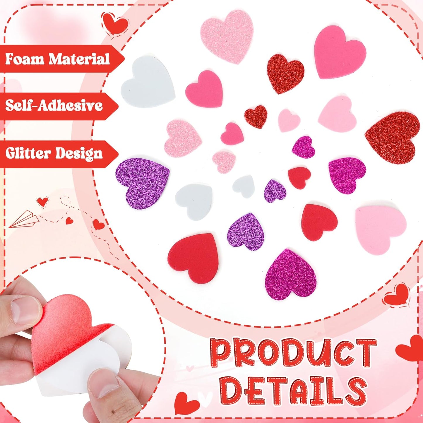 200 PCS Valentines Day Stickers, Foam Heart Valentine Decor, Self-Adhesive Foam Heart Stickers, 3 Sizes Foam Hearts for Crafts Glitter Foam Valentine Stickers for Envelop Invitations Card Making