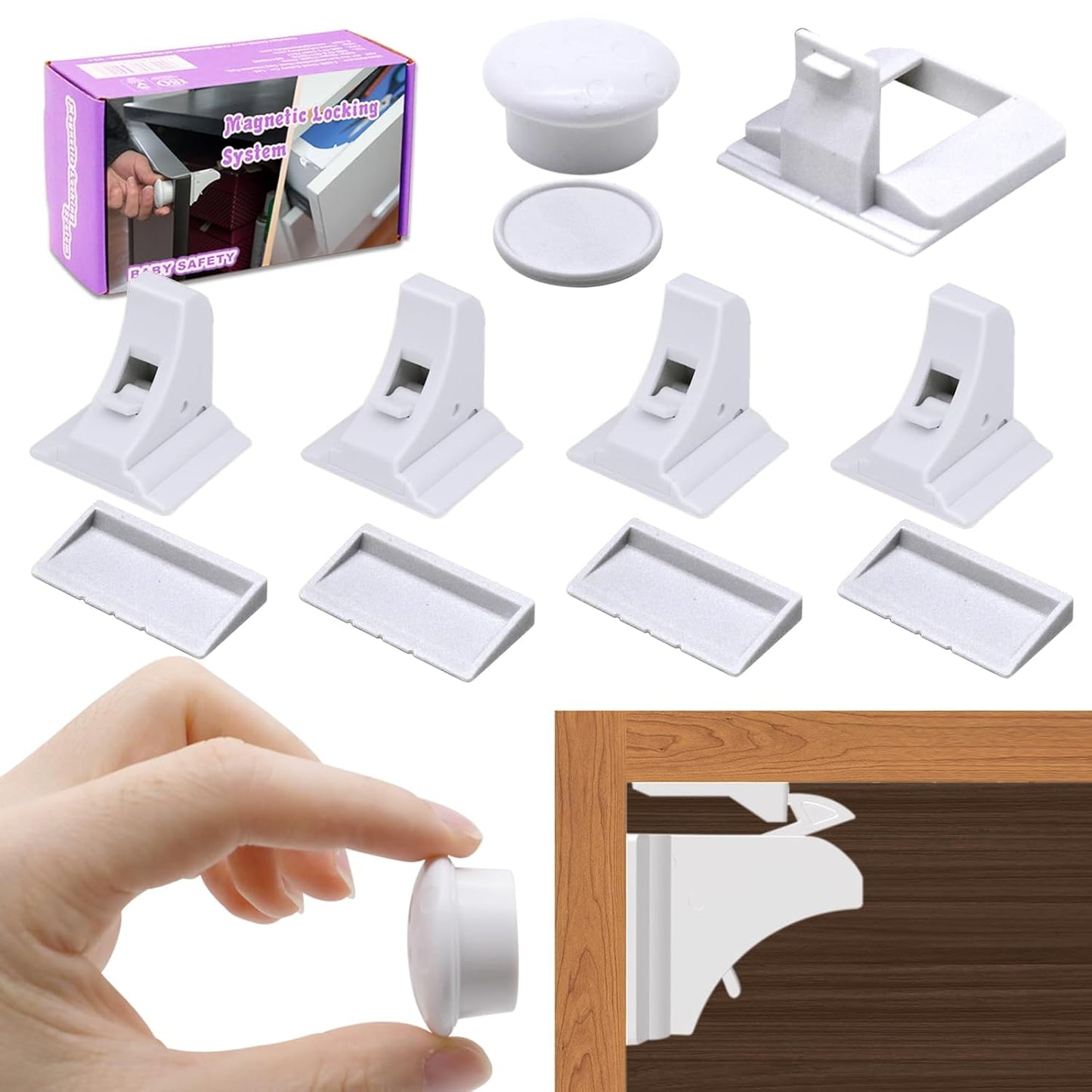 Magnetic Cabinet Locks 4 Pack + Black Cabinet Locks for Babies 4 Pack