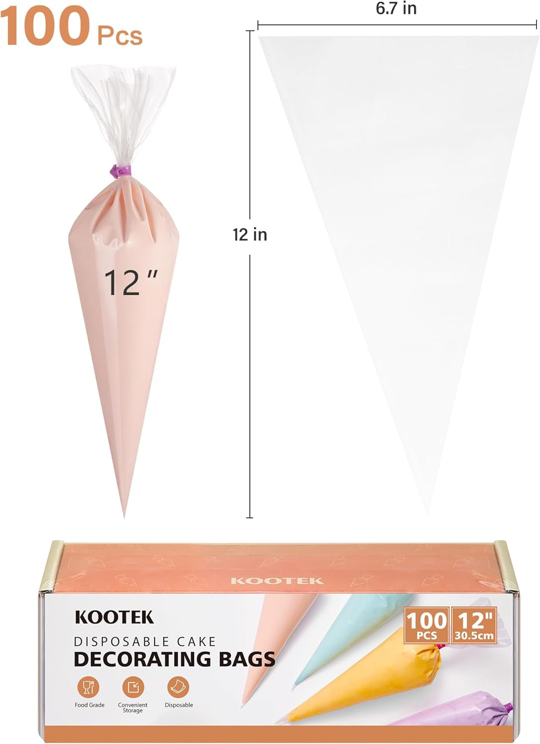 12" Piping Bags (100Pcs), Disposable Pastry Bags anti Burst Icing Frosting Bag Thick Cake Decorating Bags for Cookie, Cupcake, Candy, Baking Supplies Tools