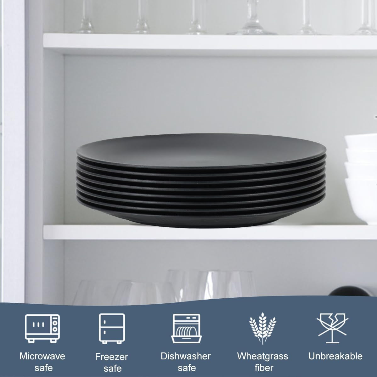Set of 8 Durable 10-Inch Black Reusable Dinner Plates, Microwave and Dishwasher Safe, Perfect for Camping, Kitchen, Parties, and Various Occasions