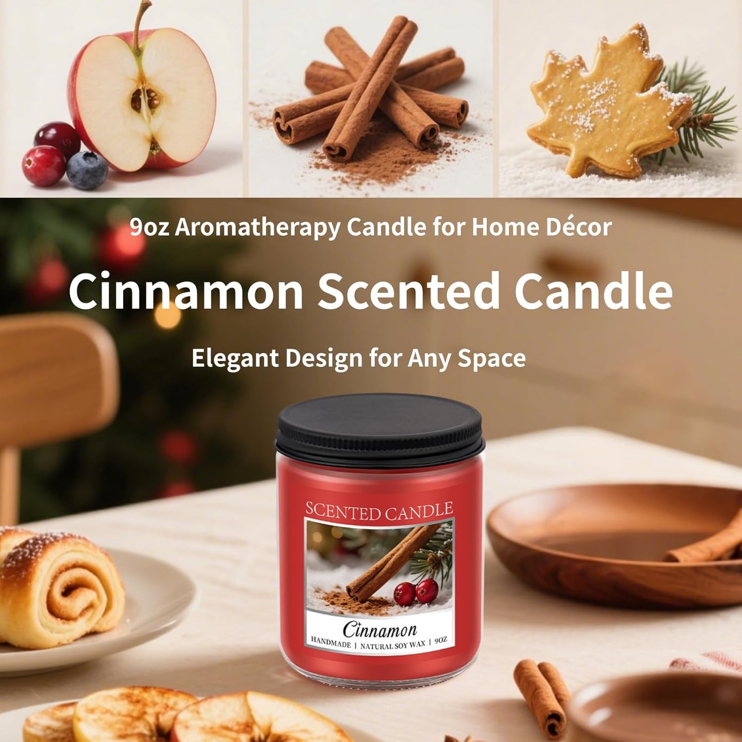 Cozy 9OZ Cinnamon Candle Scented Strong, Christmas Candles Cinnamon Stick Apple Scented with 50+ Hours of Burn Time, Fall & Winter Christmas Candles Gifts & Hoilday Home Décor