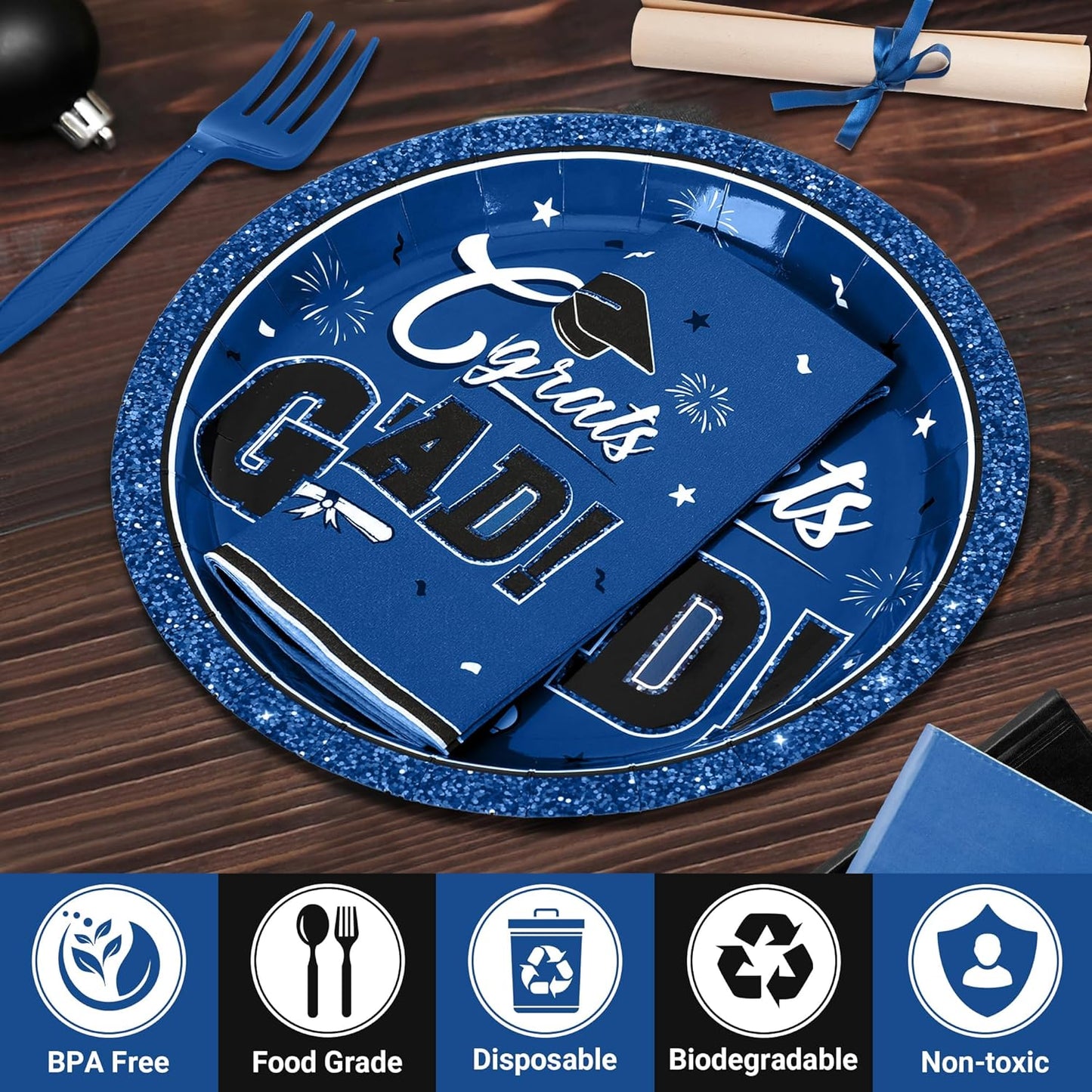 50 SET Graduation Plates and Napkins 2025 and Forks, Blue Graduation Paper Plates Class of 2025, Disposable Blue Plate and Napkins Party Supplies Decorations Class of 2025