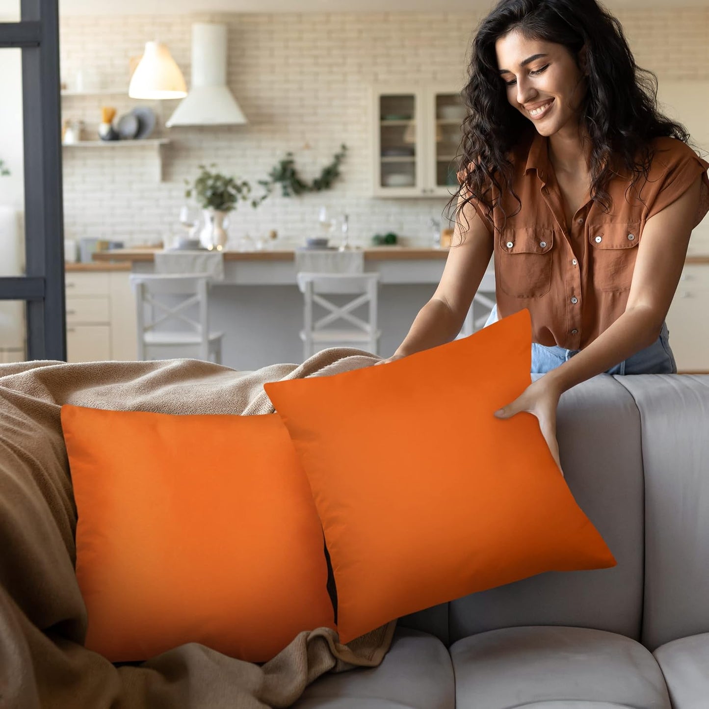 Throw Pillows Insert (Pack of 2, Orange) - 16 X 16 Inches Bed and Couch Pillows - Indoor Decorative Pillow