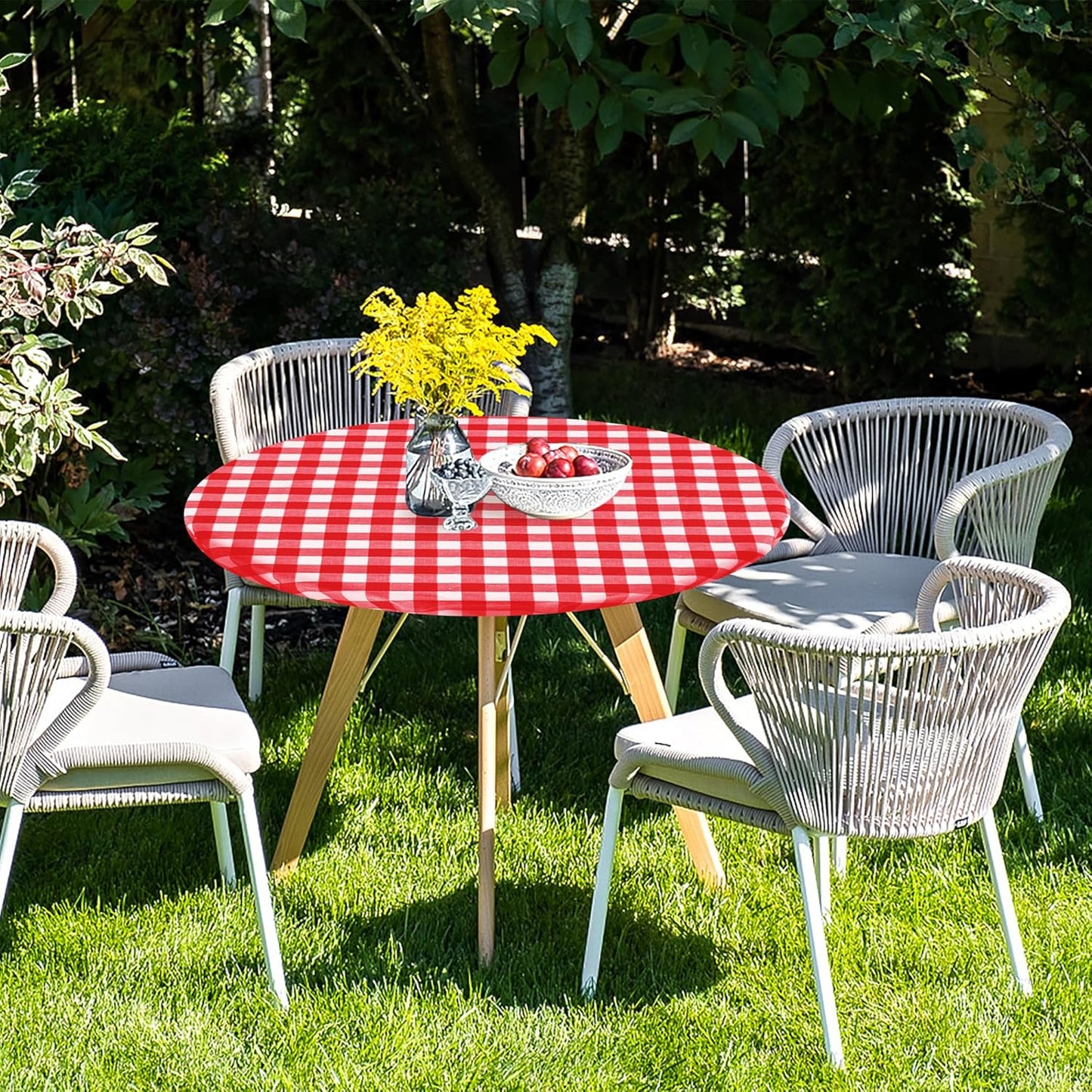 Waterproof Fitted Round Tablecloth with Elastic - Set of 4 Gingham Vinyl Table Covers with Flannel Backing for Outdoor Use, Red and White (Designed for 57"-68" Round Tables)