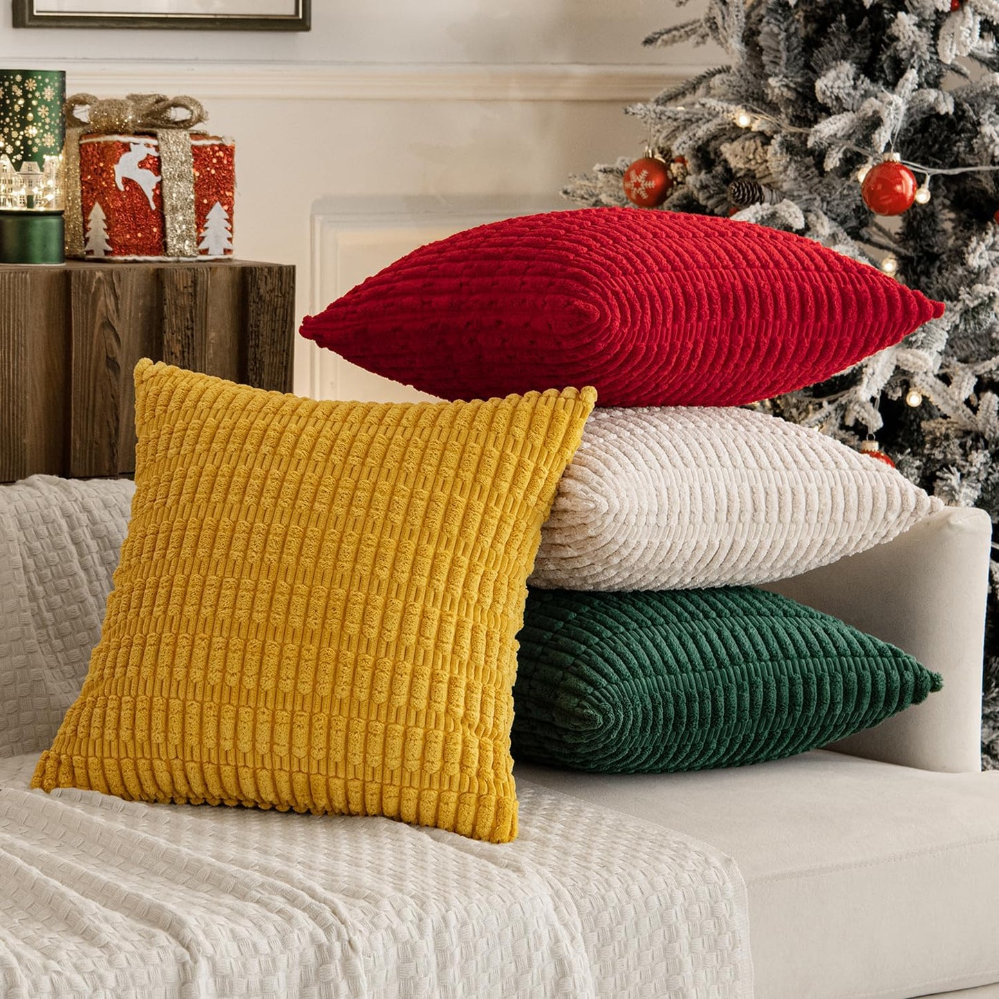 Pack of 4 Boho Farmhouse Dark Green and Yellow Corduroy Decorative Throw Pillow Covers 18X18 Inch Retro Soft Striped Pillow Covers Home Decor for Sofa Living Room Couch Bed
