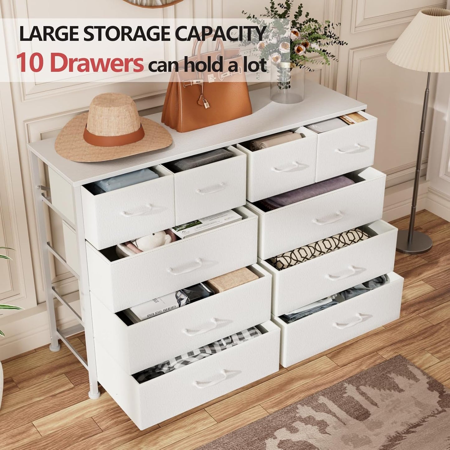 White Bedroom Dresser for 55” TV Stand - Entertainment Center with 10 Fabric Storage Drawers, Sturdy Metal Frame Tall Storage Cabinet for Living Room and Entryway